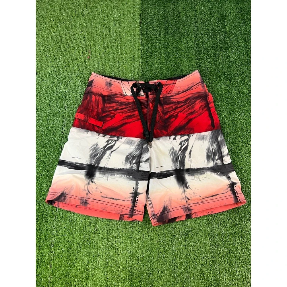 Oakley Mens‎ Size 30 Board Shorts Red Black White Abstract Graphic Swim Trunks